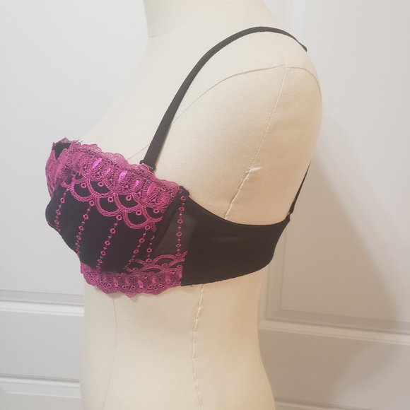 y2k 34c Fredrick's of Hollywood push up Padded Bra Embroidered Black Fuschia - Picture 2 of 8